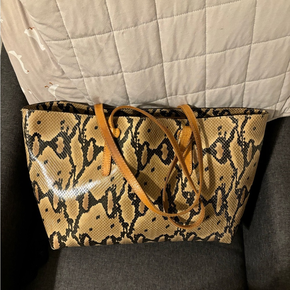 Consuela Tan and Black Snake Print Tote